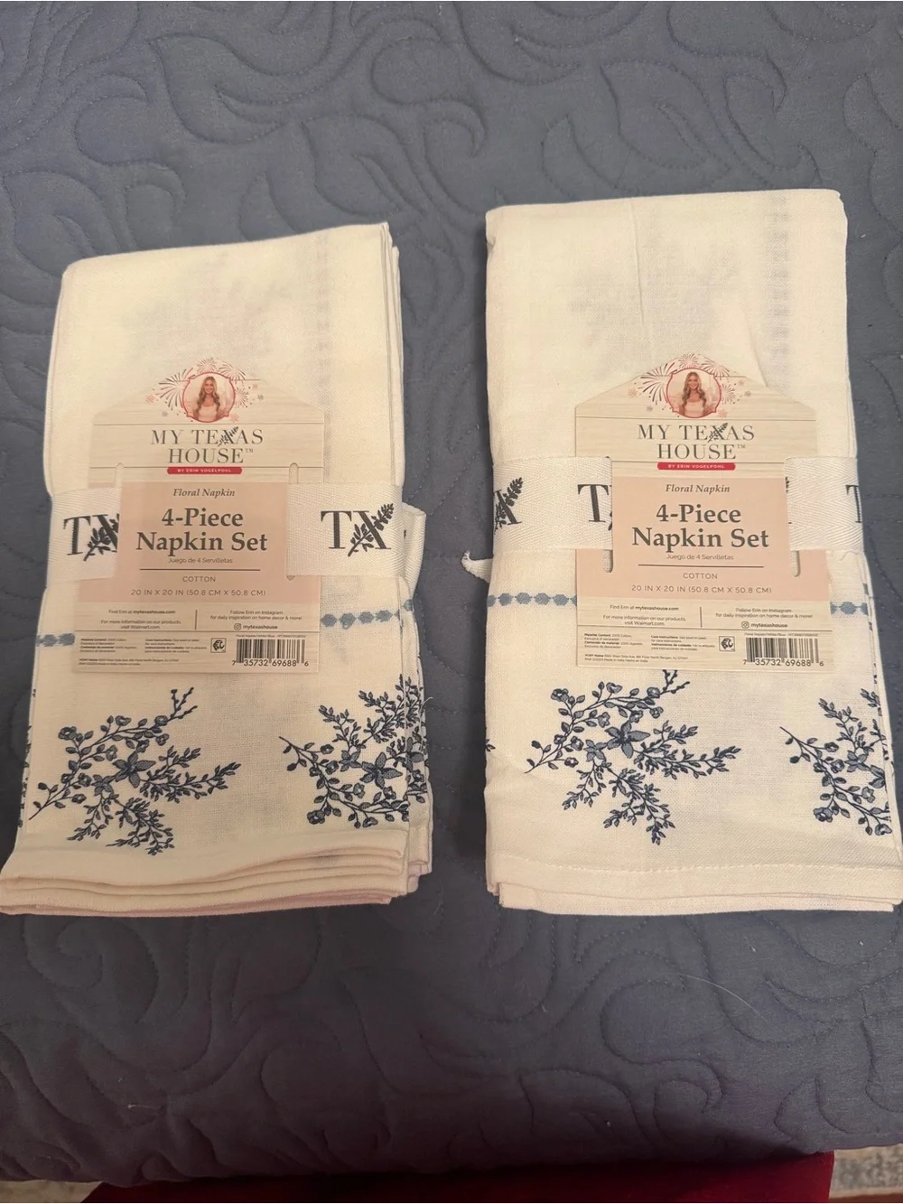 8 Piece My Texas House Cotton Napkin Set - White with Blue Floral